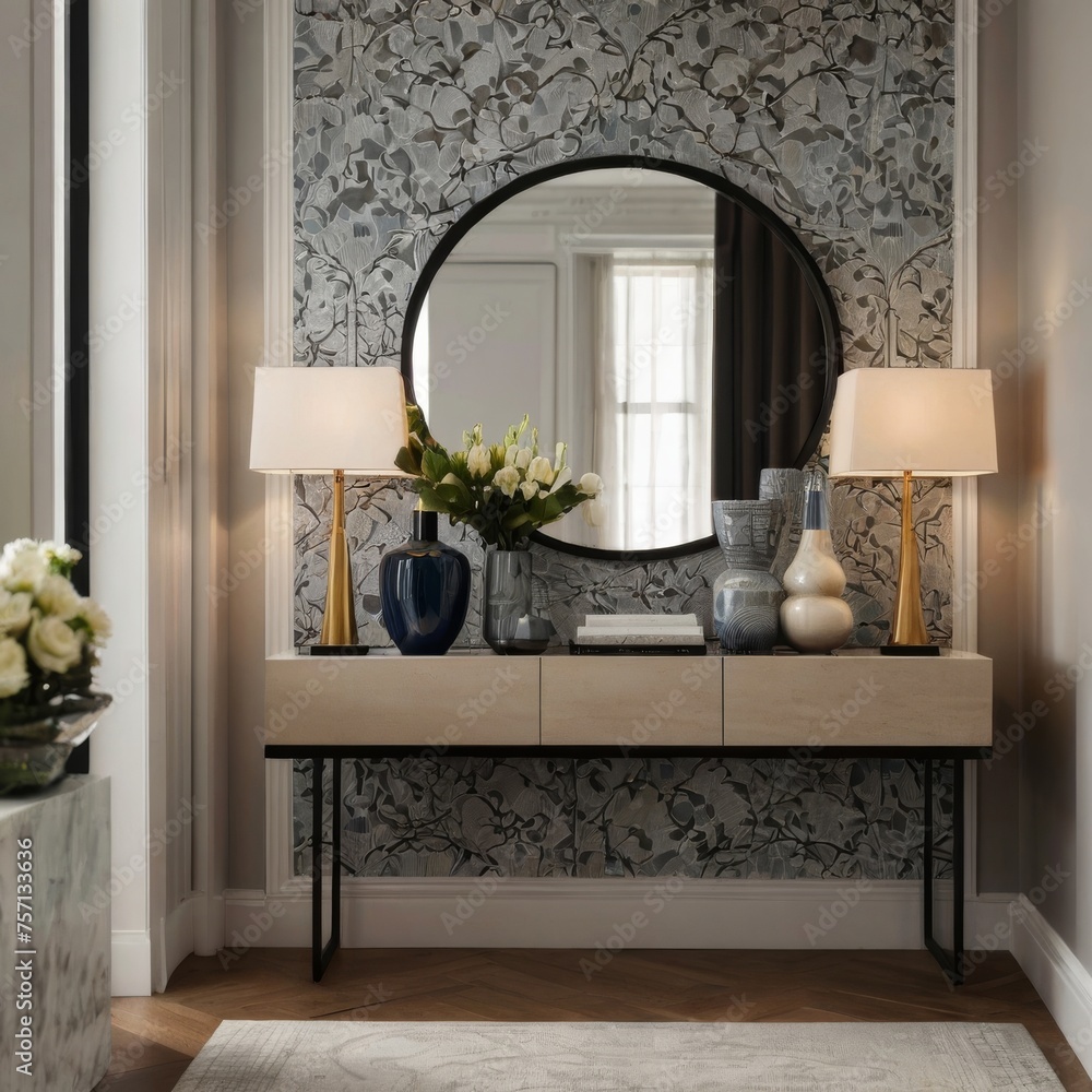 An entryway designed with minimalist principles, featuring a sleek ...