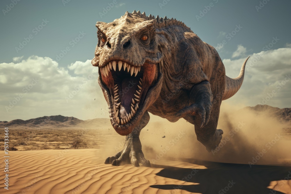 Fototapeta premium Carnotaurus stalking prey in a dry desert