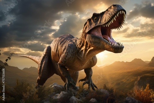 T-Rex on a cliff in prehistoric landscape