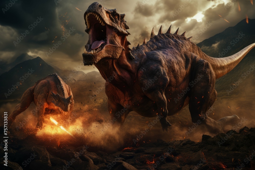 T-Rex battling triceratops in prehistoric showdown - obrazy, fototapety, plakaty 