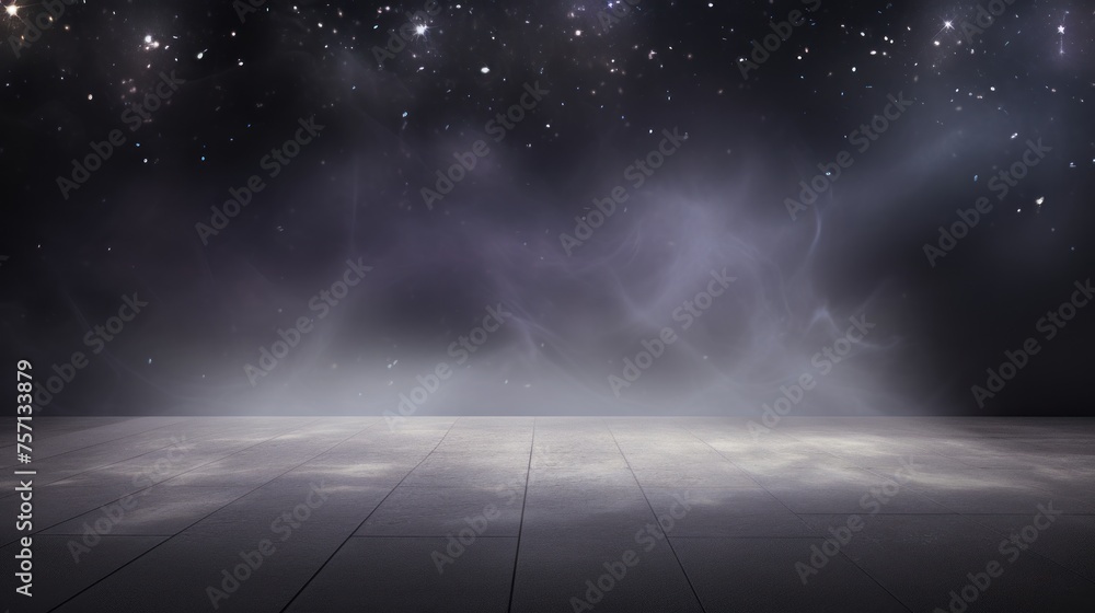 The dark stage, scene with smoke float up, blank, empty interior texture for display products on dark background, concrete floor and smoke and mist on dark background with copy space for text - obrazy, fototapety, plakaty 