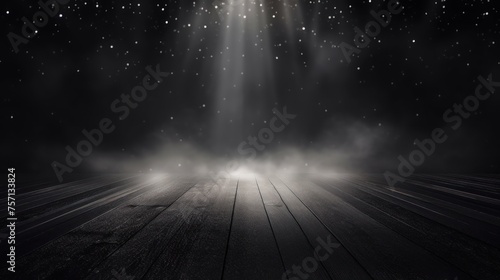 The dark stage, scene with smoke float up, blank, empty interior texture for display products on dark background, concrete floor and smoke and mist on dark background with copy space for text
