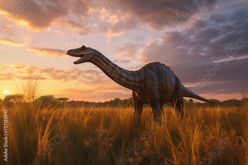 Diplodocus grazing on prehistoric grasslands at sunset photo