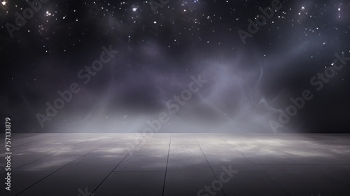 The dark stage, scene with smoke float up, blank, empty interior texture for display products on dark background, concrete floor and smoke and mist on dark background with copy space for text