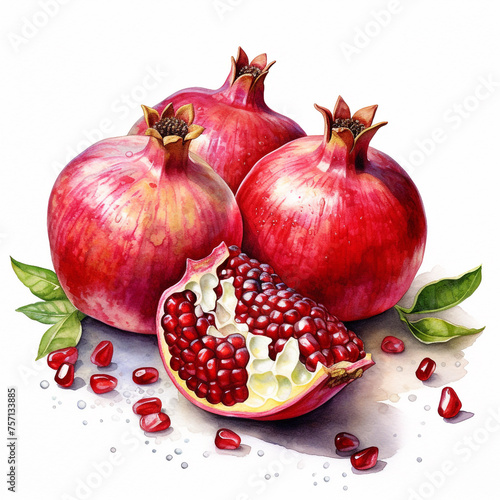 HD watercolor illustration of pomegranate fruit on a completely white background сreated with Generative Ai