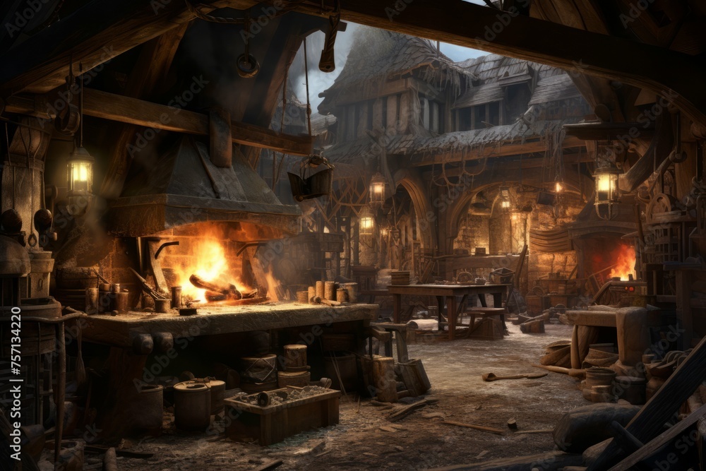 Medieval village blacksmith's forge with intense heat and hammers