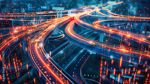 Night Traffic and Urban Transportation, City Architecture and Highway Movement, Concept of Speed and Connectivity photo