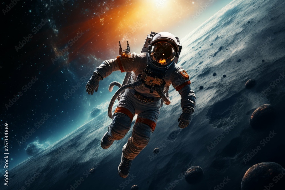Astronaut floating in space near the Moon Astronaut floating in space near the Moon