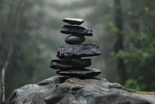 Stack of black stones in a forest. Zen atmosphere