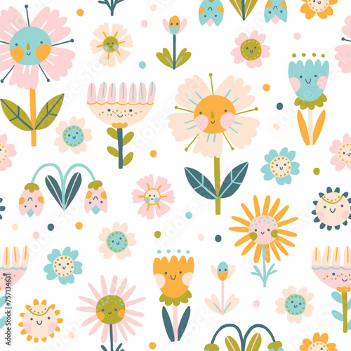 Flowers characters with smiling faces seamless pattern. A naive childish hand-drawn illustration in scandinavian style. Spring chamomile and tulips. Funny texture for surface design, textile, fabric.
