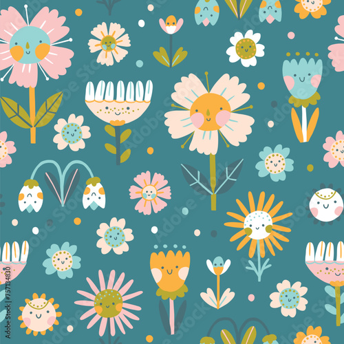 Flowers characters with smiling faces seamless pattern. A naive childish hand-drawn illustration in scandinavian style. Spring chamomile and tulips. Funny texture for surface design, textile, fabric. © Світлана Харчук