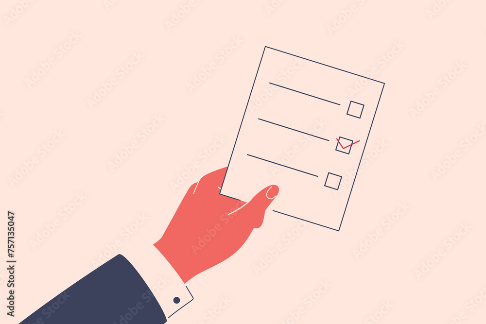 Human hand holds voting list and doing the choice. Male person arm in the suit is voting by paper ballot. Election and Pre-election campaign concept. Vector illustration Human hand holds voting list and doing the choice. Male person arm in the suit is voting by paper ballot. Election and Pre-election campaign concept. Vector illustration
