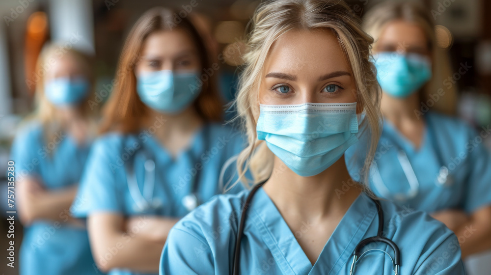 A group of nurses wearing scrubs and masks in a medical setting A group of nurses wearing scrubs and masks in a medical setting