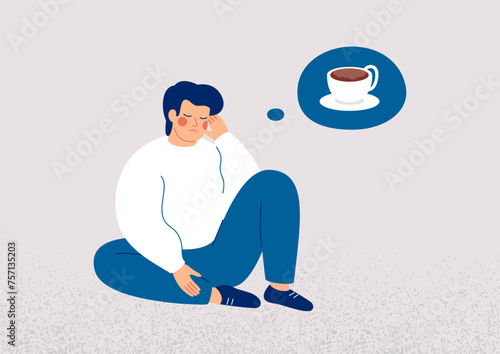 Tired Man thinking about coffee cup. Drowsy male person has addiction from Caffeine. Boy with low energy has Unhealthy food habits. Vector illustration