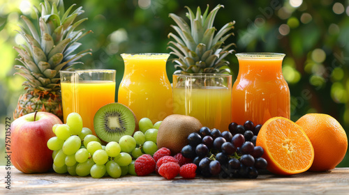 A table covered with glasses of juice and assorted fresh fruit