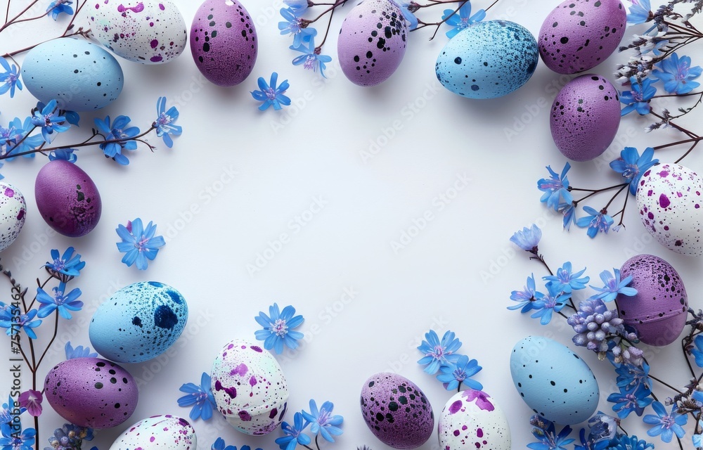 Background with Easter eggs and spring flowers, frame in the middle. Copyspace for your text. Background with Easter eggs and spring flowers, frame in the middle. Copyspace for your text.