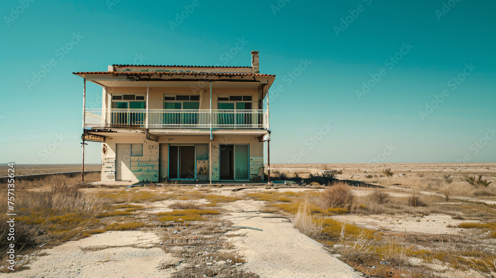 A forlorn two-story house with a weathered exterior, surrounded by sparse vegetation in a desolate terrain.