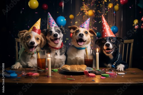 Dogs celebrating New Year's Eve with a festive party