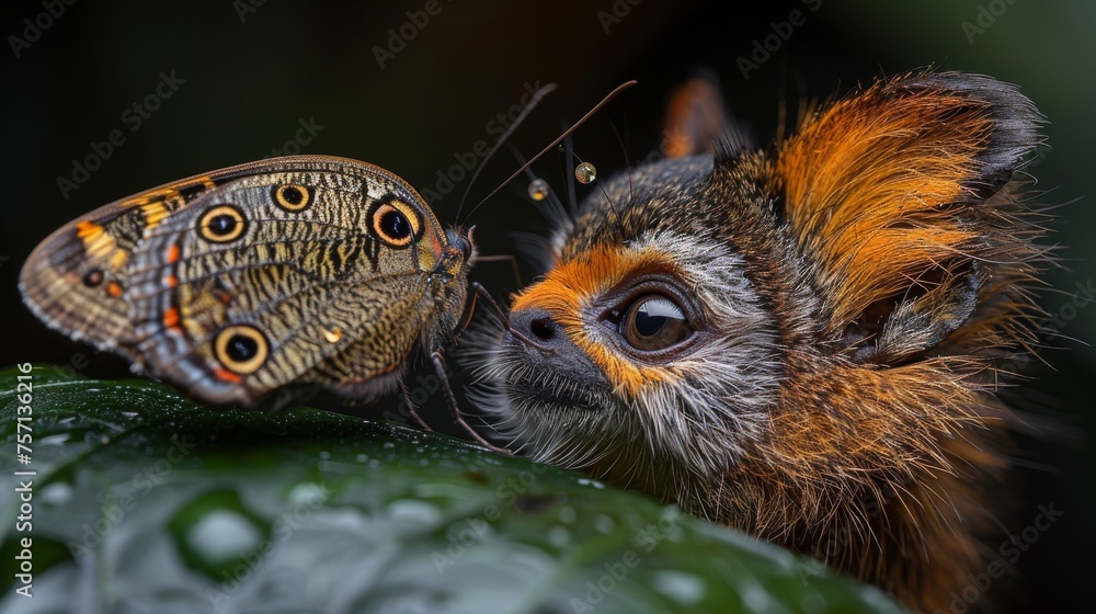 a close up of a butterfly on a leaf with drops of water on it's wings and a butterfly on the back of it's head. a close up of a butterfly on a leaf with drops of water on it's wings and a butterfly on the back of it's head.