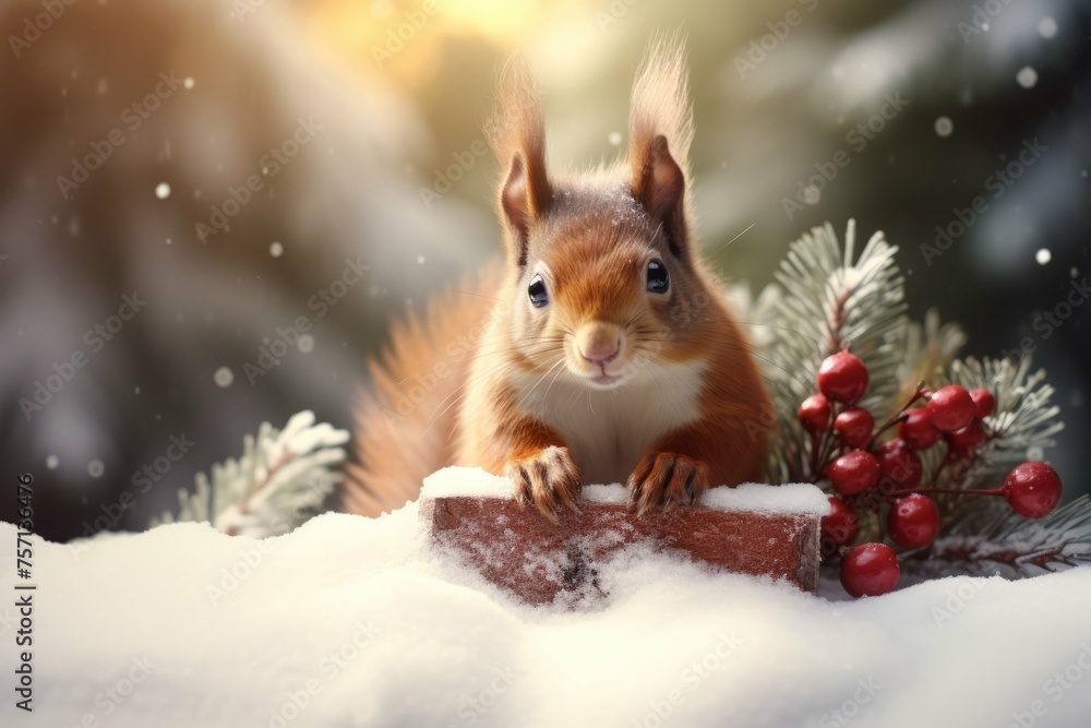 Cute squirrel holding a tiny Christmas gift on a snow-covered log Cute squirrel holding a tiny Christmas gift on a snow-covered log