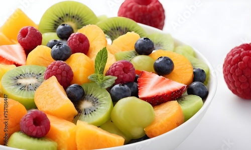 Colorful Assortment of Fresh Fruit salad in a White Bowl on a Clean Surface