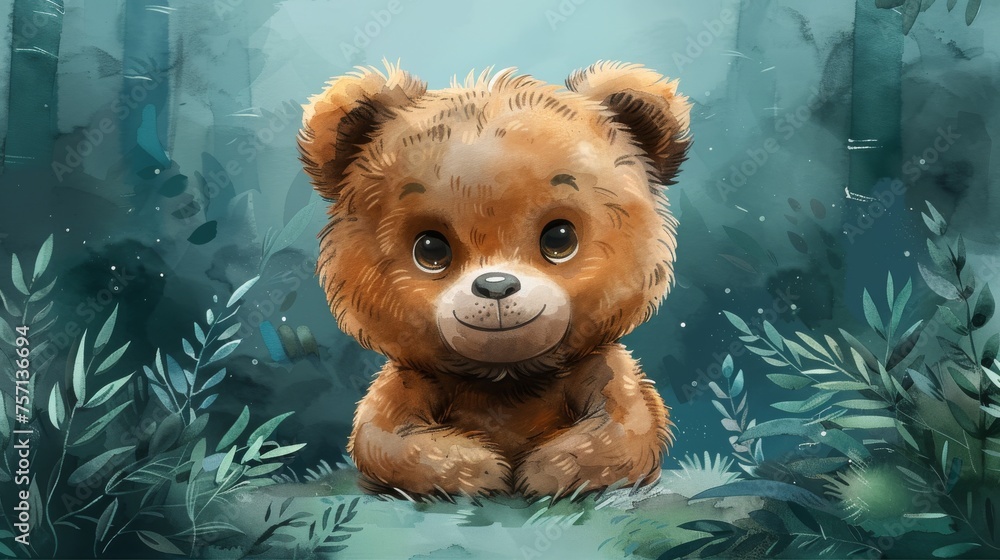 a painting of a brown teddy bear sitting in the middle of a forest filled with tall grass and trees, with a blue sky in the background. a painting of a brown teddy bear sitting in the middle of a forest filled with tall grass and trees, with a blue sky in the background.