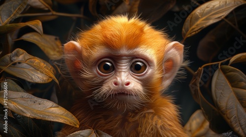 a close up of a monkey with leaves around it's neck and a surprised look on it's face. © Nadia
