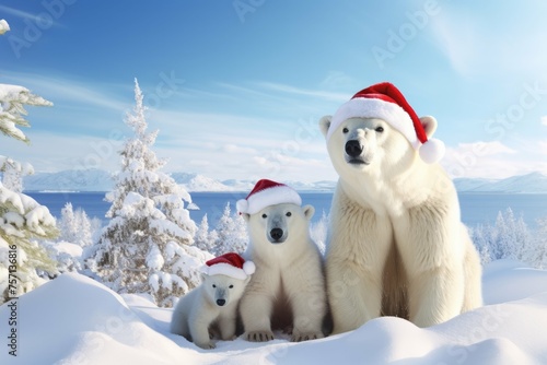 Polar bear family celebrating Christmas in the snow