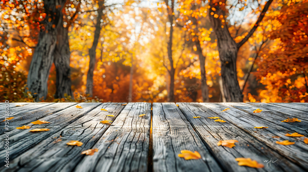 Autumn Tableau: Empty Wooden Table in a Sunny Forest, Seasonal Display with Fall Foliage, Vintage Feel Autumn Tableau: Empty Wooden Table in a Sunny Forest, Seasonal Display with Fall Foliage, Vintage Feel