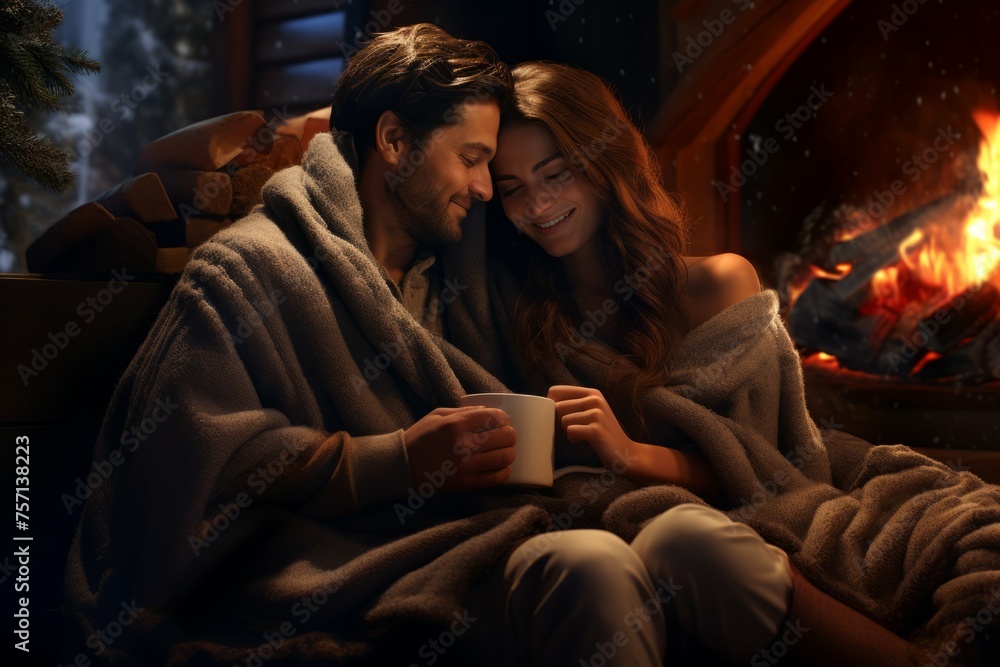 Couple enjoying a romantic hot chocolate date by a cozy fireplace Couple enjoying a romantic hot chocolate date by a cozy fireplace