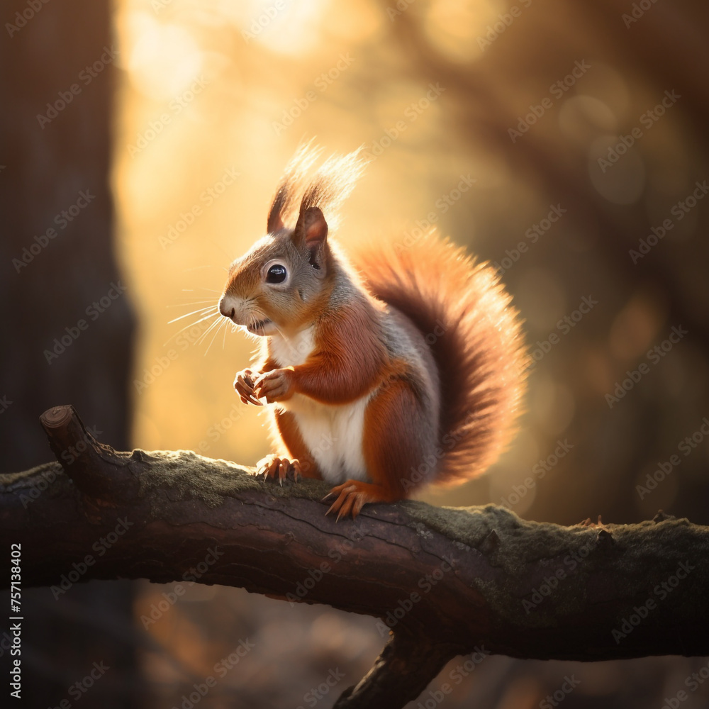 cute red squirrel, eating nuts on a branch of a beautiful tree under sunset lighting сreated with Generative Ai cute red squirrel, eating nuts on a branch of a beautiful tree under sunset lighting сreated with Generative Ai