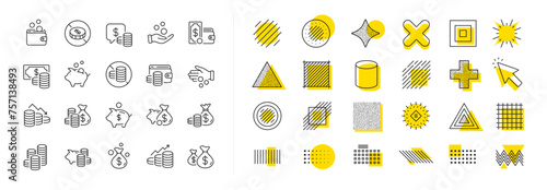 Cash money, Donation coins, Give tips icons. Design shape elements. Coins line icons. Piggy bank, Business income, Loan. Money savings, give coin, cash tips. Vector