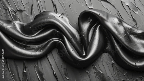 a black and white photo of a curved metal object on a black surface with drops of water on the surface. photo