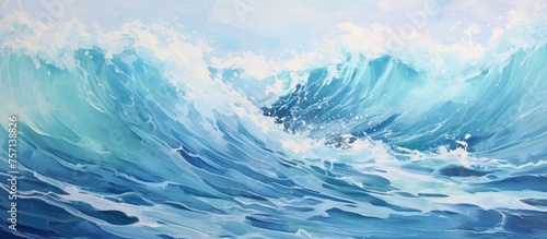 A mesmerizing painting capturing the movement of a fluid wave in the ocean, with the wind creating ripples on the surface, under a cloudy sky and endless horizon © AkuAku