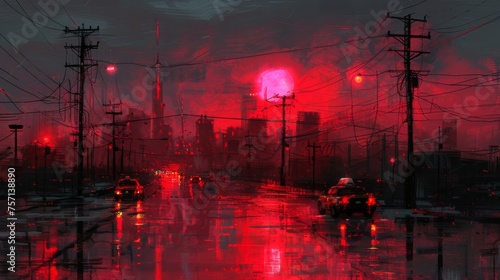 a painting of a city street at night with a red light at the end of the street and power lines in the background. photo