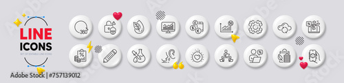 Seo gear, Tax document and Whisper line icons. White buttons 3d icons. Pack of Travel loan, Love, 3d app icon. Currency rate, Pencil, 360 degrees pictogram. Vector