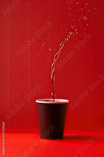 paper cup, black tea liquid, flowing liquid form, minimalist, red background