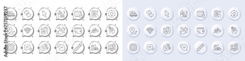 Text message, Pencil and Savings tax line icons. White pin 3d buttons, chat bubbles icons. Pack of Timer, Cursor, Idea icon. 5g wifi, Statistic, Truck transport pictogram. Vector