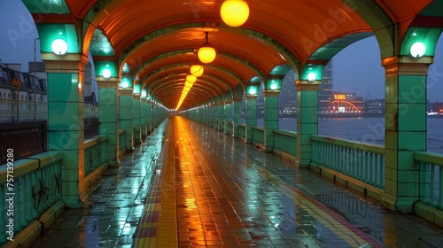 a view of a walkway that has lights on at the end of it and a body of water in the background. photo