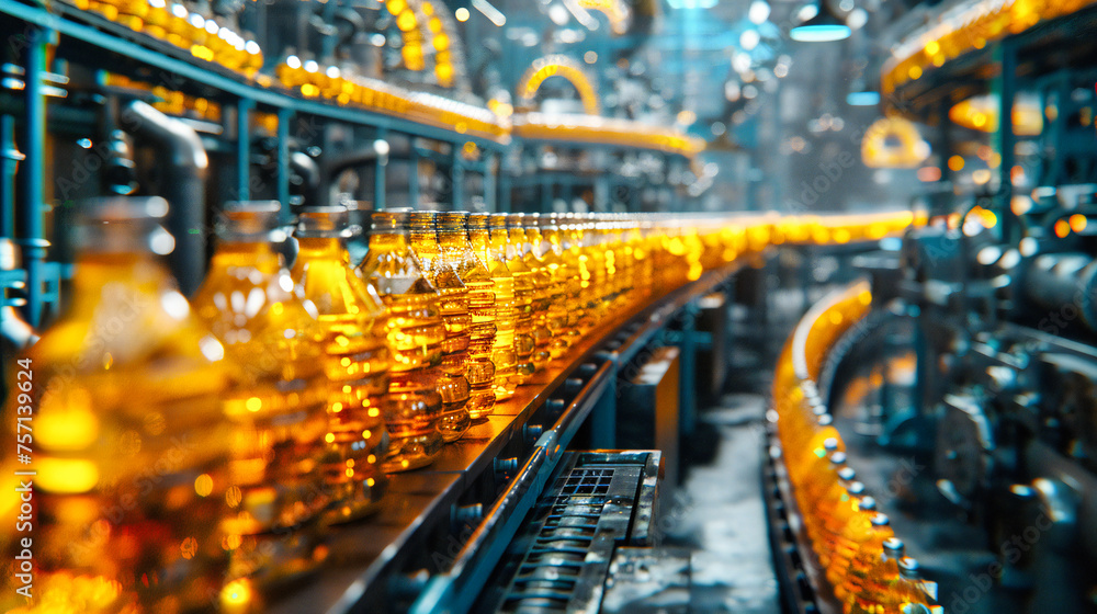Automated Production Line: Bottles Being Filled in a Factory, Highlighting Efficiency and Innovation in Manufacturing
