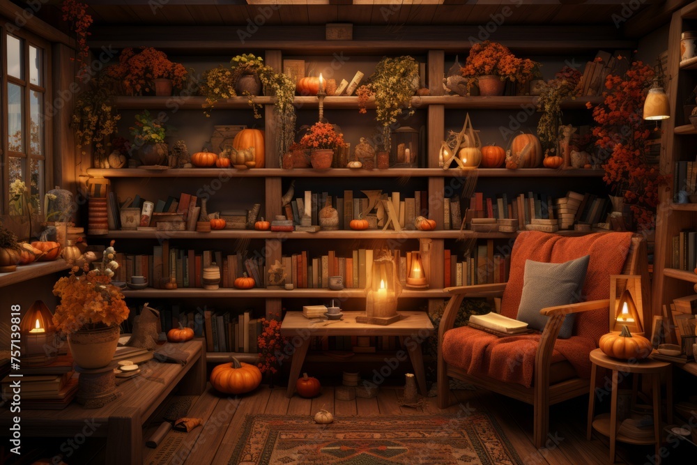 Cozy autumn-themed bookstore