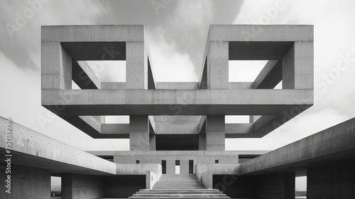 a black and white photo of a staircase leading up to a building with concrete columns and a sky filled with clouds. photo
