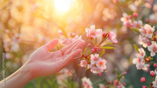 Embrace of Spring: Hand Cradling Blossoms in Sunset's Glow - Generative AI
