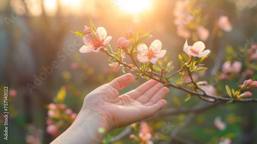Embrace of Spring: Hand Cradling Blossoms in Sunset's Glow - Generative AI © Gelpi