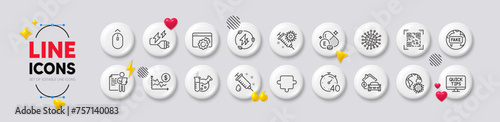 Fake news, Chemistry lab and Coronavirus line icons. White buttons 3d icons. Pack of Swipe up, Job interview, Home charging icon. Vector