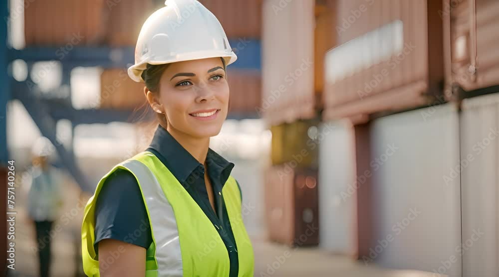 Smiling Portrait of a Beautiful Latin Female Industrial Engineer in White Hard Hat, Inspector or Safety Supervisor in Container Terminal Smiling Portrait of a Beautiful Latin Female Industrial Engineer in White Hard Hat, Inspector or Safety Supervisor in Container Terminal