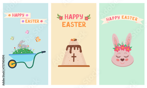 Happy Easter cards, bunny, garden wheelbarrow with flowers, curd Easter. Vector Illustration for backgrounds and packaging. Image can be used for posters and stickers. Isolated on white background.