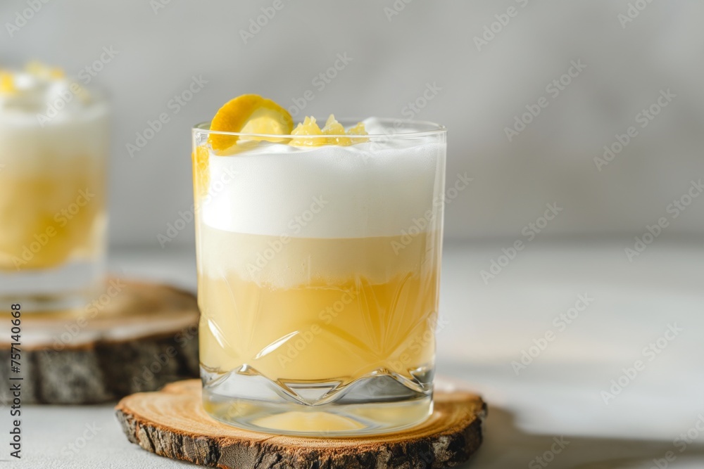 A frothy, layered cocktail rosemary gin with a citrus garnish sits on a rustic wood slice