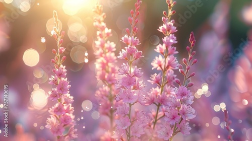 a close up of a bunch of pink flowers with a blurry background of boke of light in the background.