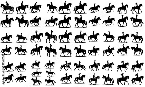 Vector set of people riding horses in silhouette style